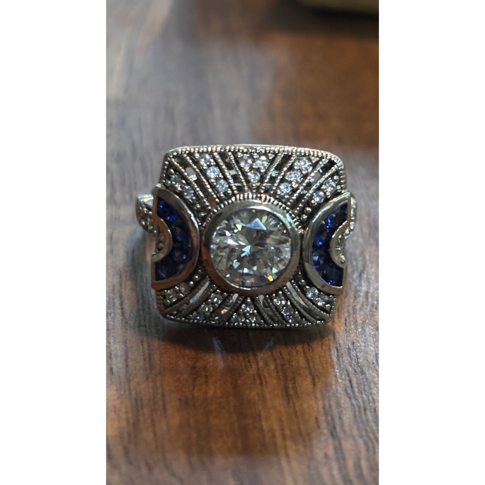 Esposito Sapphire Diamonique Sterling Silver Antique Style Bezel Set Ring Size 8